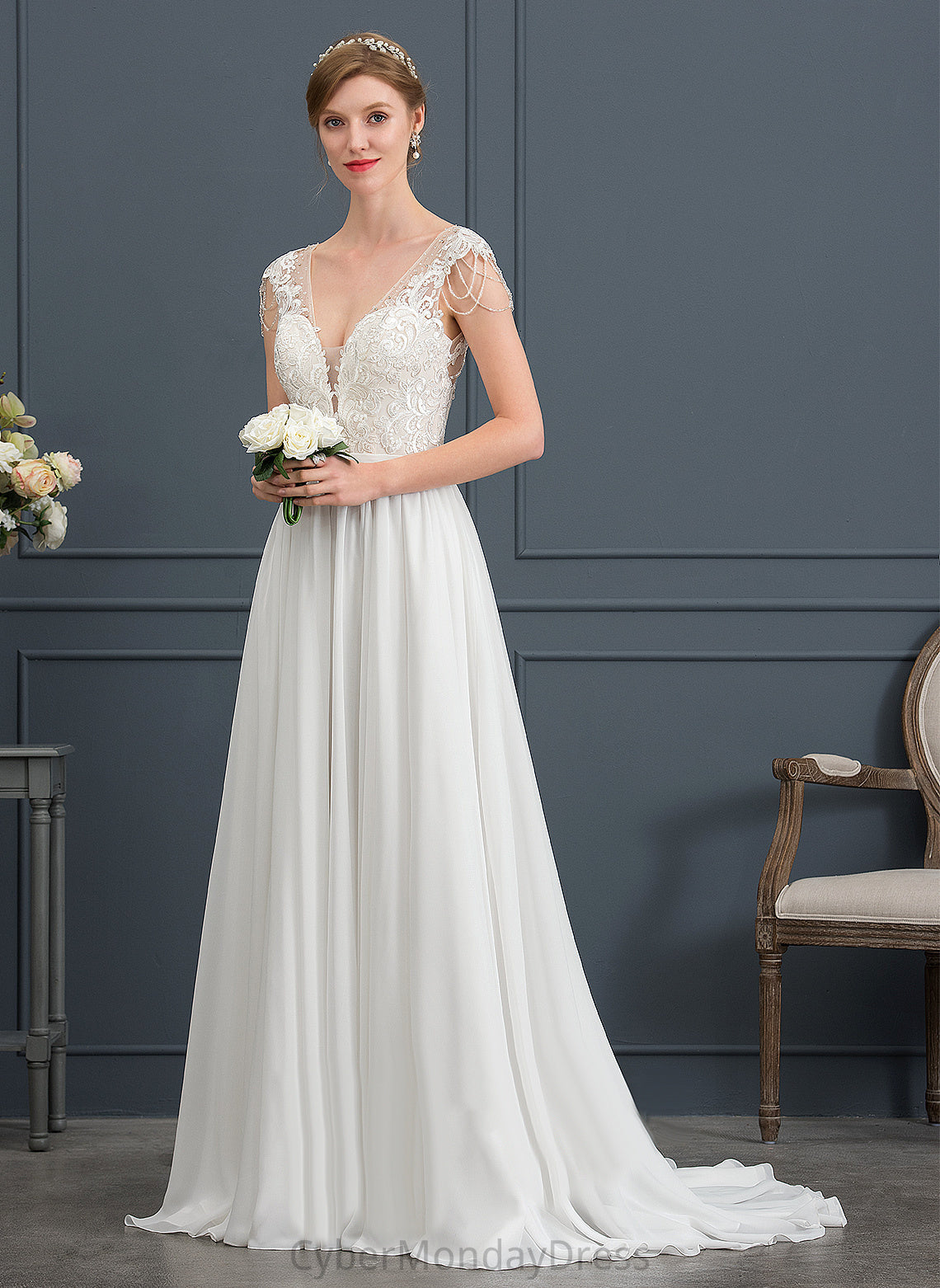 A-Line With Sequins V-neck Sweep Beading Dress Wedding Dresses Chiffon Lace Madilyn Train Wedding