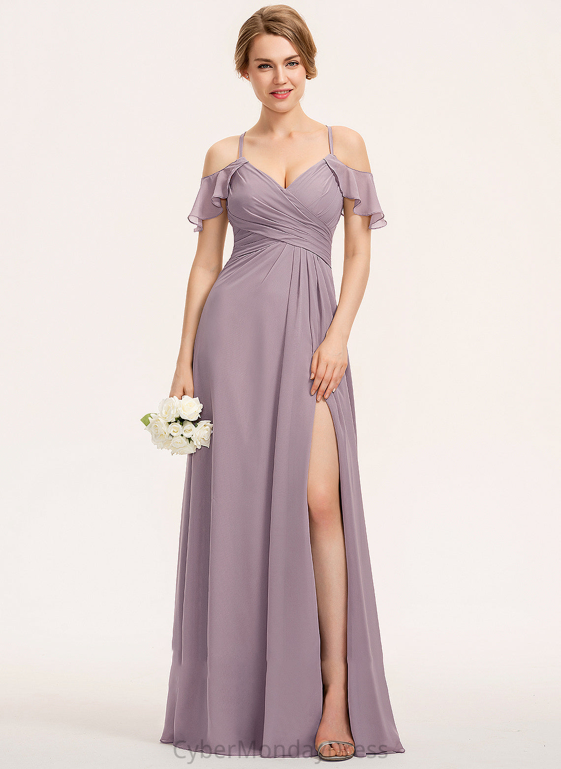 Embellishment Neckline Ruffle Floor-Length SplitFront CascadingRuffles V-neck Silhouette A-Line Fabric Length Susanna Bridesmaid Dresses