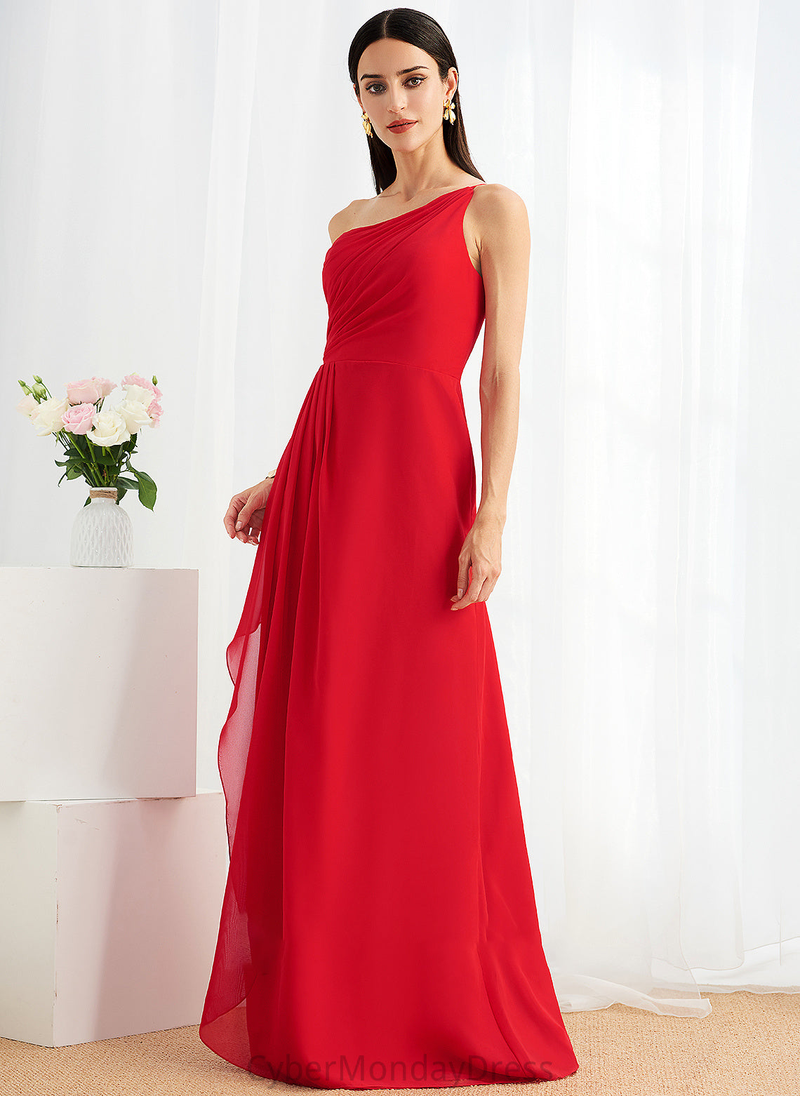 Embellishment Length Fabric Neckline One-Shoulder Silhouette SplitFront Floor-Length Ruffle A-Line Nevaeh Sleeveless Bridesmaid Dresses