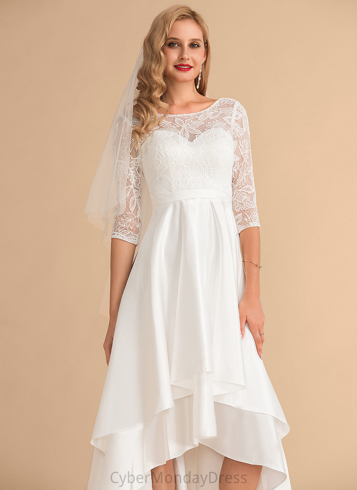 Wedding Asymmetrical Scoop Wedding Dresses Dominique A-Line Lace Satin Dress