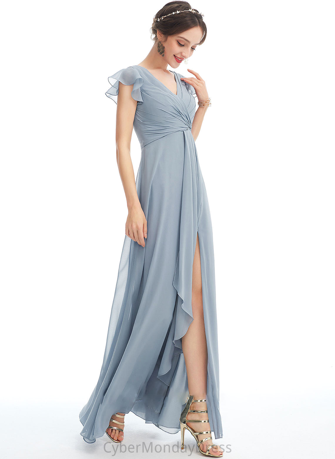 Silhouette Floor-Length Ruffle Fabric Embellishment SplitFront A-Line V-neck Neckline Length Adalynn Natural Waist Bridesmaid Dresses