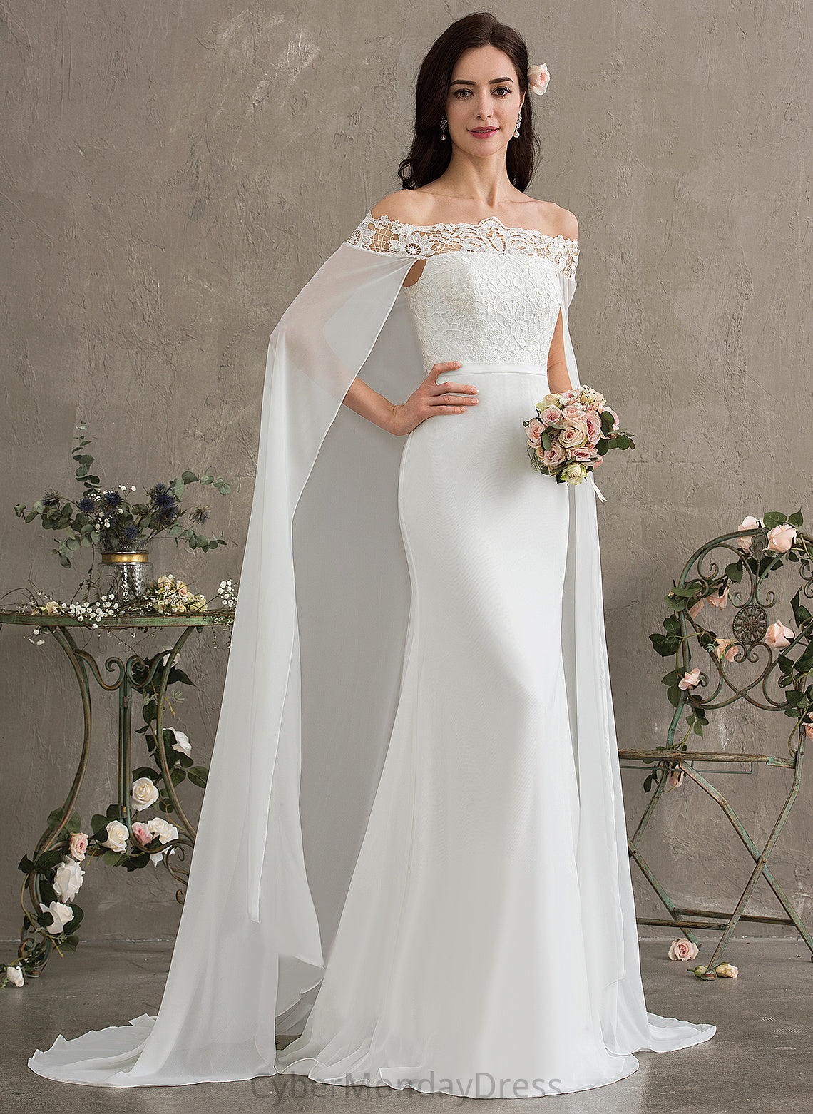 Train Ashtyn Chiffon Lace Off-the-Shoulder Lace Dress Court Wedding Dresses Sheath/Column With Wedding