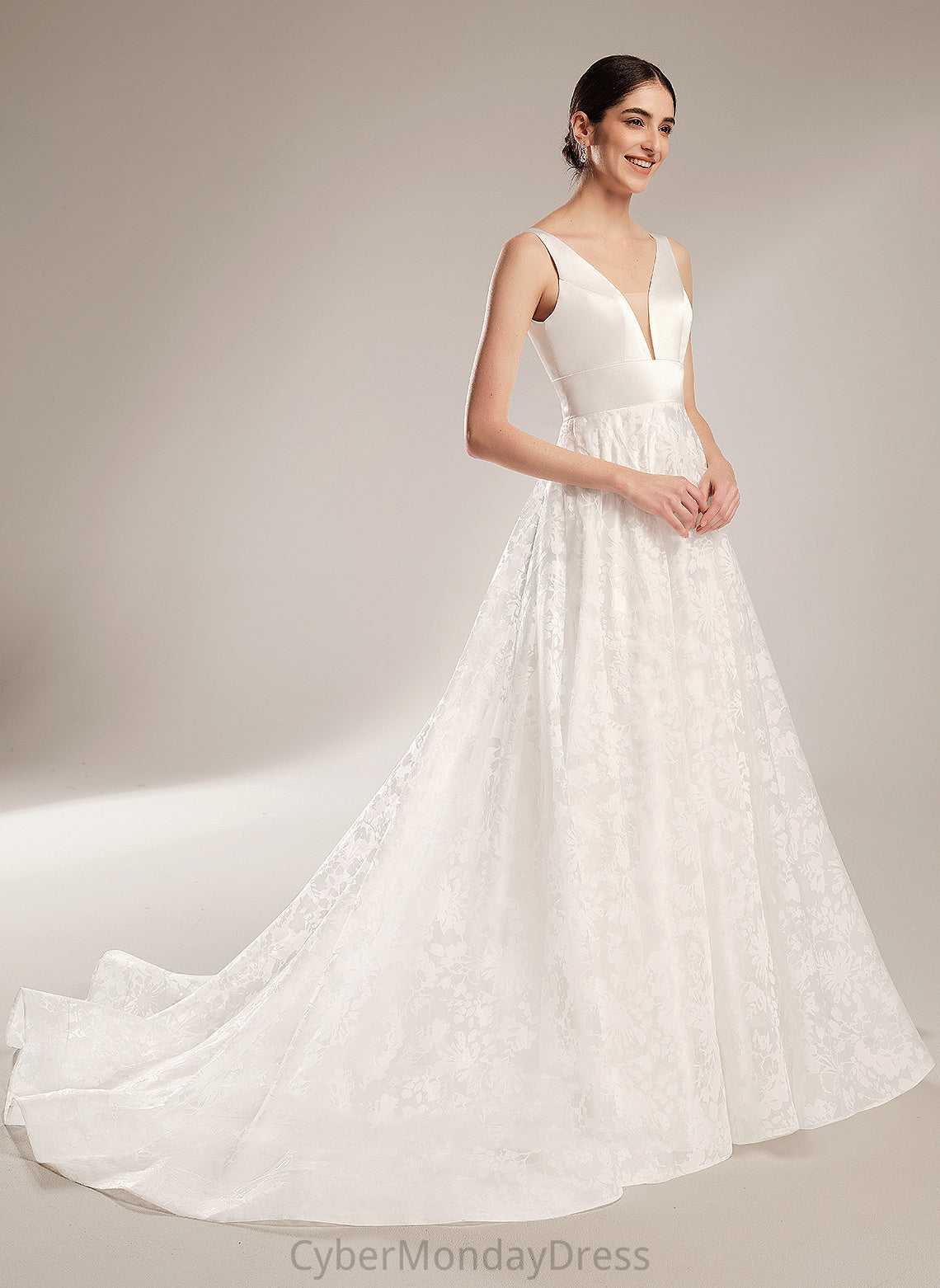 Ball-Gown/Princess Dress Marian V-neck Wedding Train Lace Chapel Wedding Dresses Satin