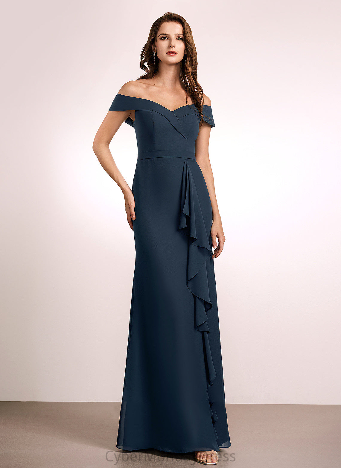 Fabric Floor-Length Ruffle Silhouette Length A-Line Neckline Off-the-Shoulder Embellishment Penny Straps Sleeveless Bridesmaid Dresses