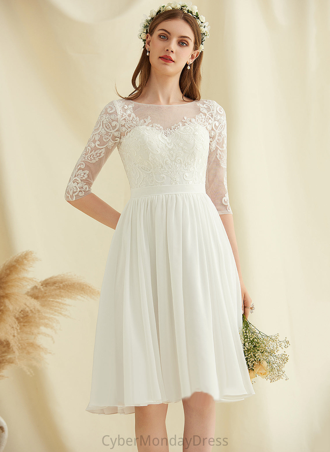 Lace A-Line Dress Chiffon Maud Wedding Scoop Sequins Knee-Length Wedding Dresses With