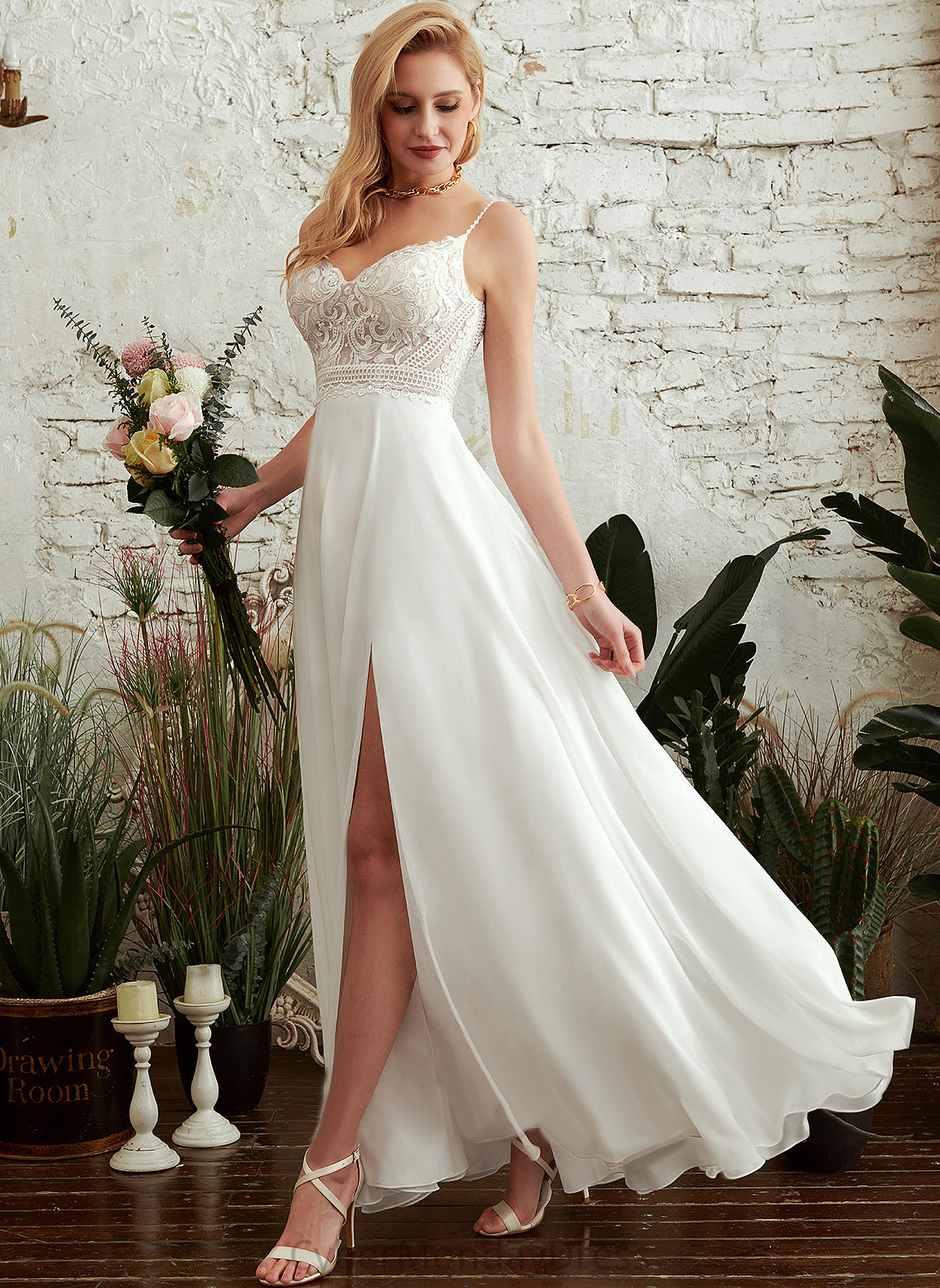 Split Floor-Length Chiffon Lace Wedding Dresses V-neck With Dress Mira Wedding Front A-Line