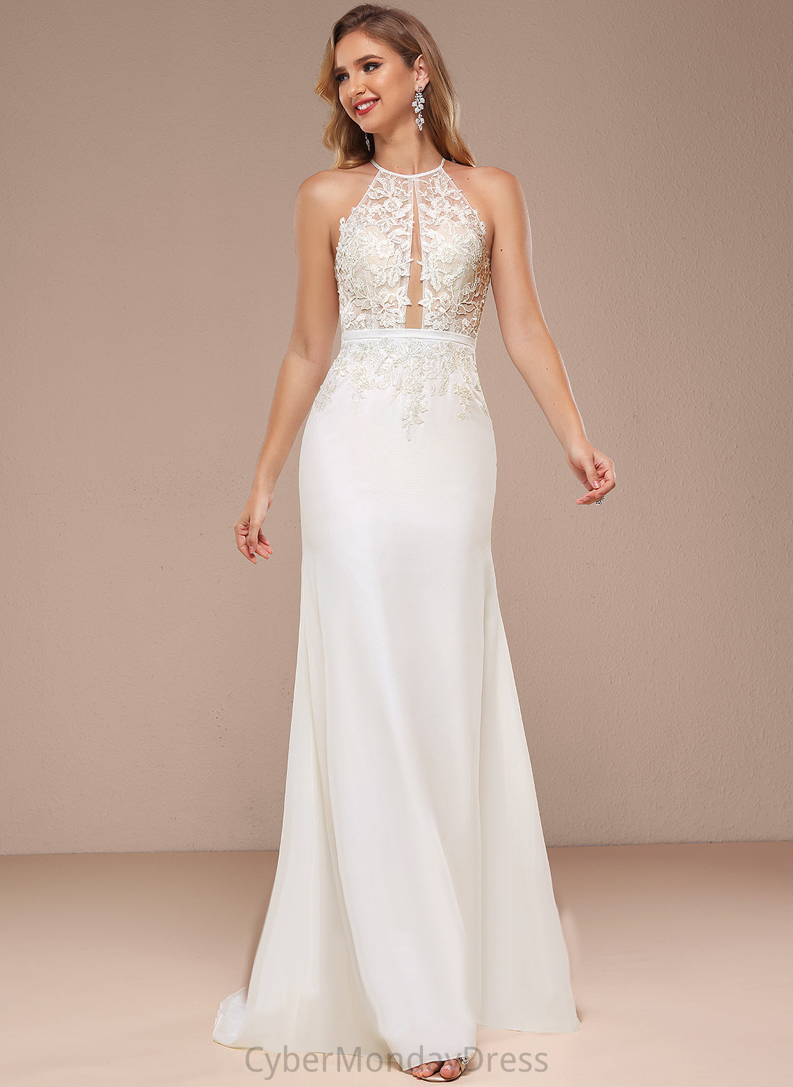 With Wedding Dresses Trumpet/Mermaid Wedding Dress Chiffon Sweep Halter Lace Sequins Train Aracely