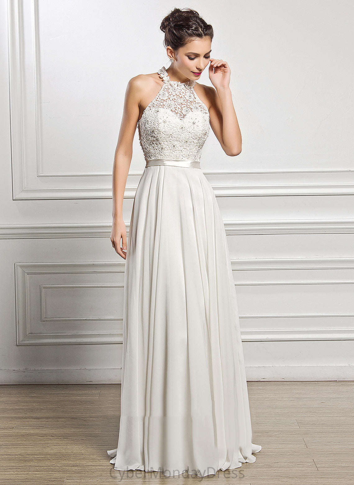 Ada Wedding Wedding Dresses Beading Scoop Dress Sequins Neck Chiffon With Lace A-Line Floor-Length