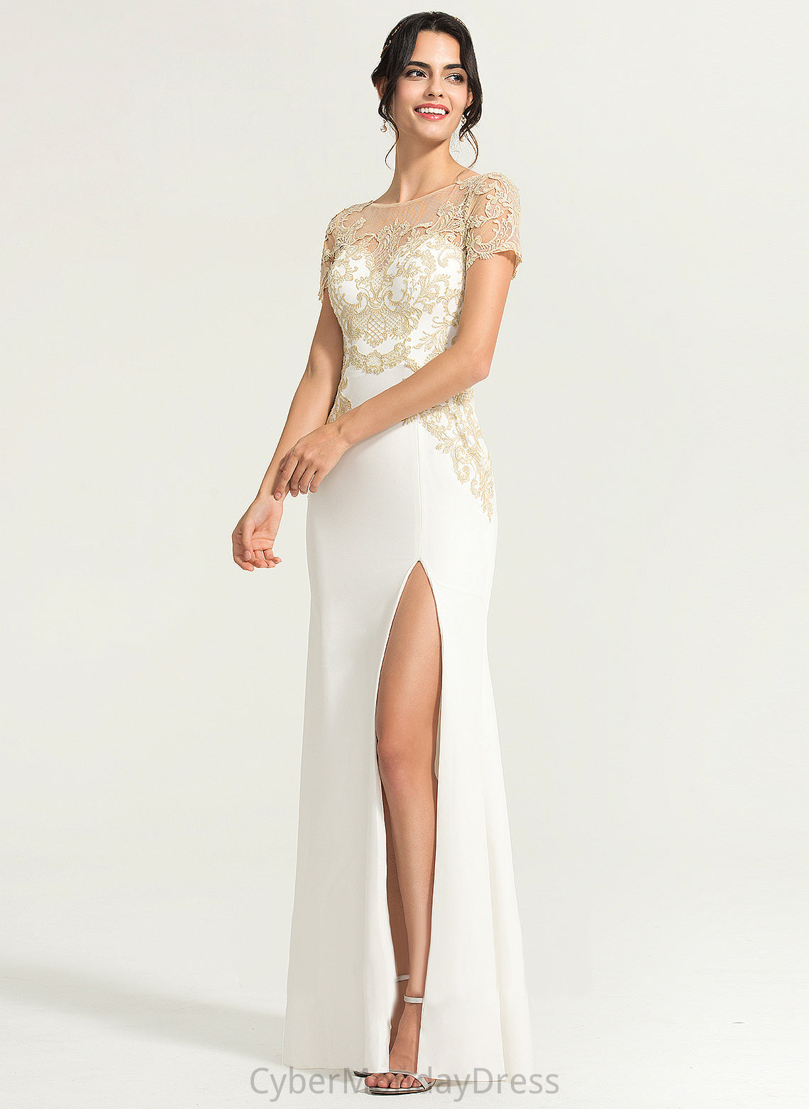 Lace Wedding Dresses Leah Floor-Length Crepe Stretch Dress Scoop Sheath/Column Wedding