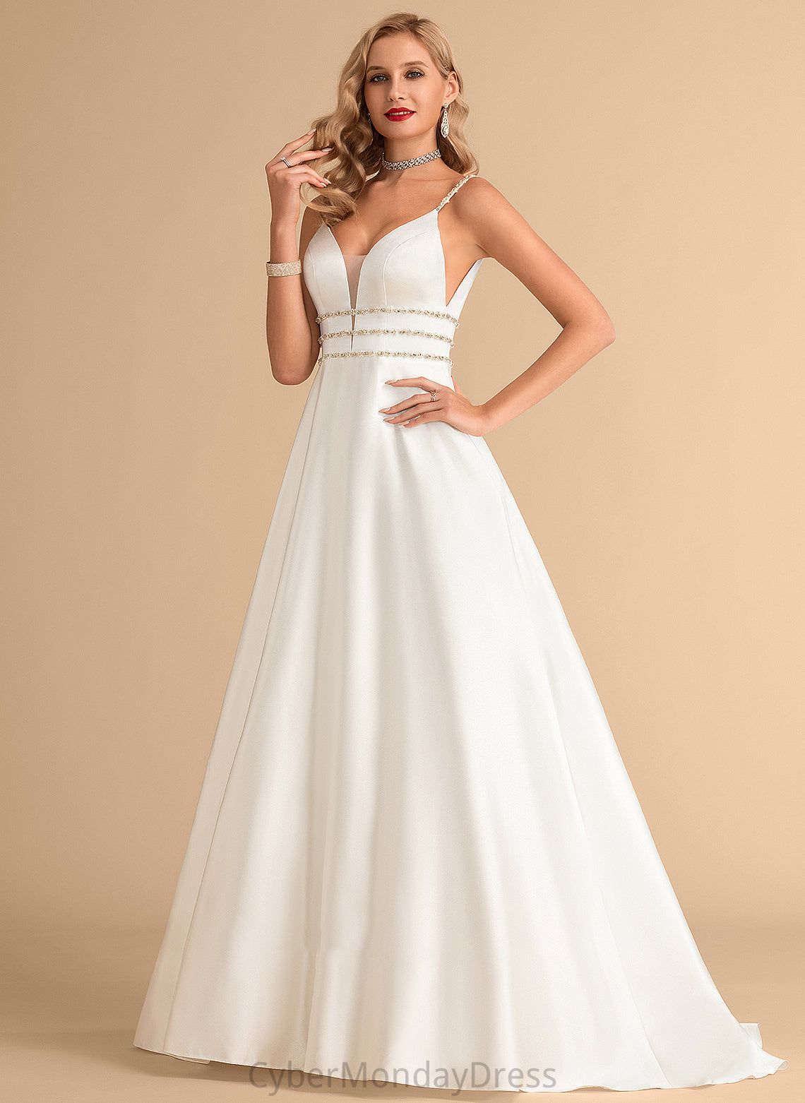 Sweep Beading V-neck Wedding Dresses Dress With Wedding Satin Ball-Gown/Princess Daisy Train