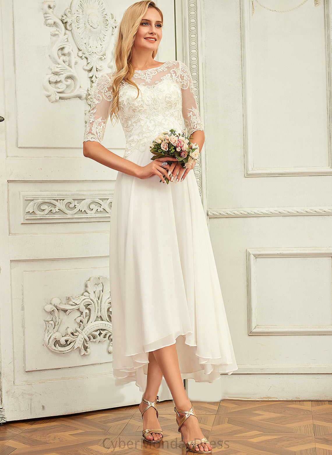 Chiffon Wedding Dresses A-Line With Sequins Viv Wedding Beading Asymmetrical Scoop Dress Lace