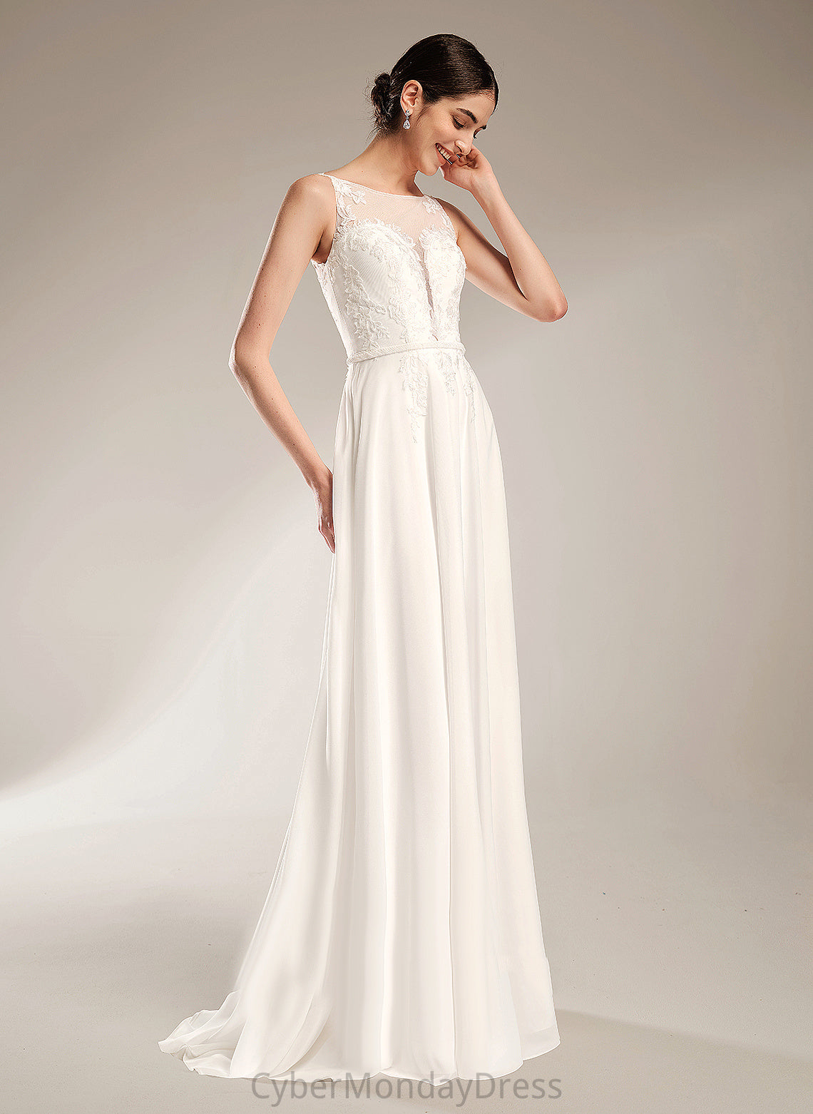 Wedding With Wedding Dresses Aryanna A-Line Sequins Illusion Dress Sweep Train Chiffon Lace