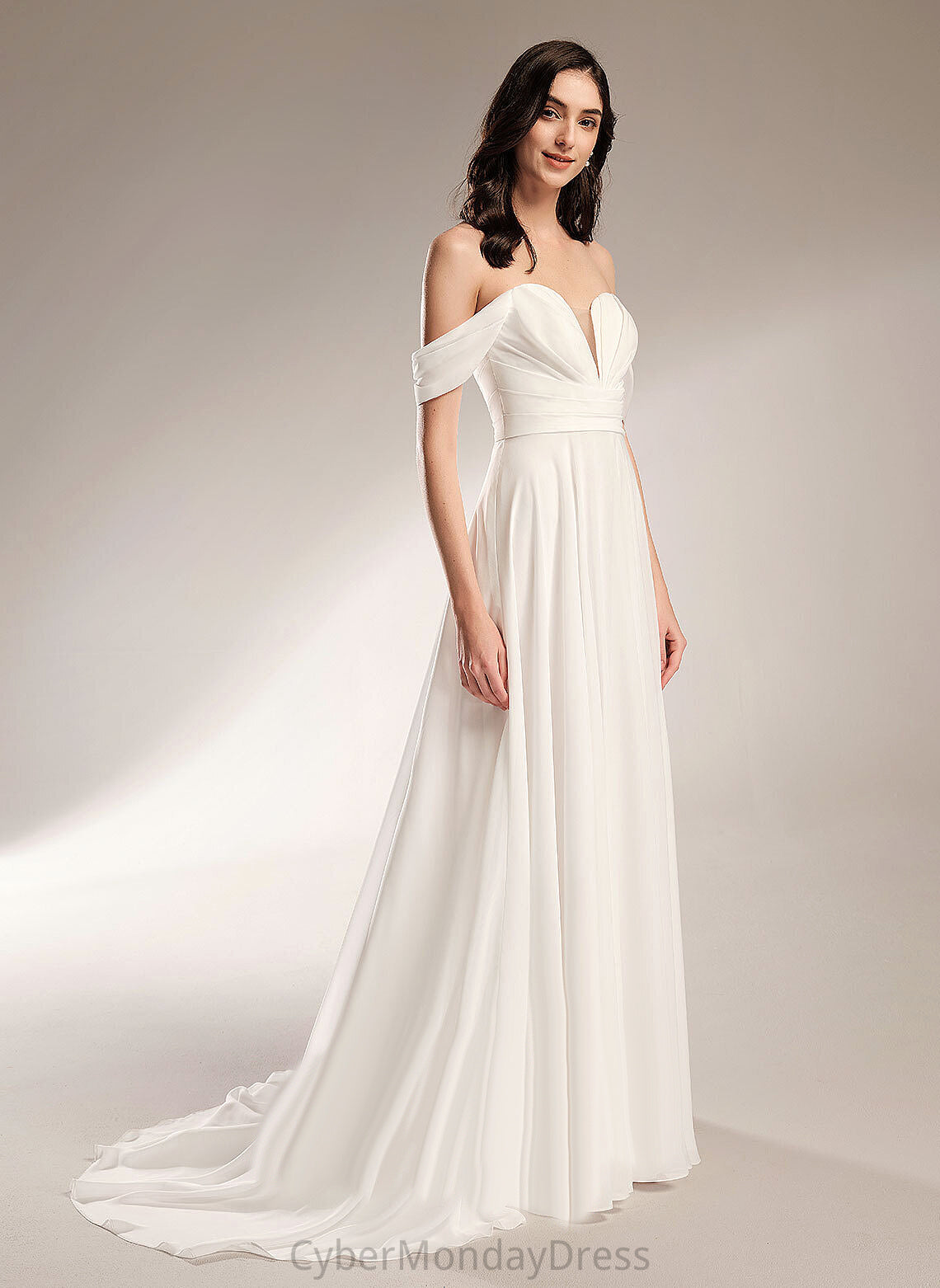 Jaelynn Train Wedding Dress Off-the-Shoulder Pleated Wedding Dresses Court A-Line Chiffon With