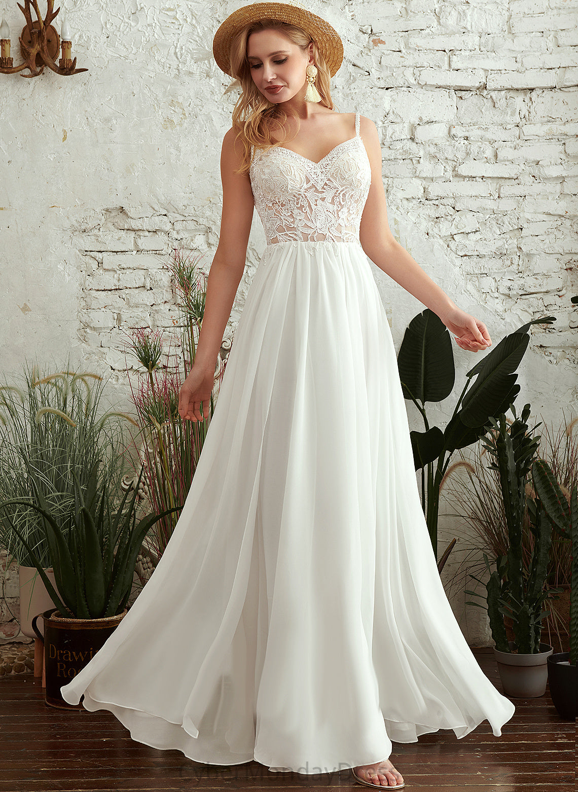 With A-Line Chiffon Lace Dress Wedding Wedding Dresses Anaya V-neck Beading Floor-Length