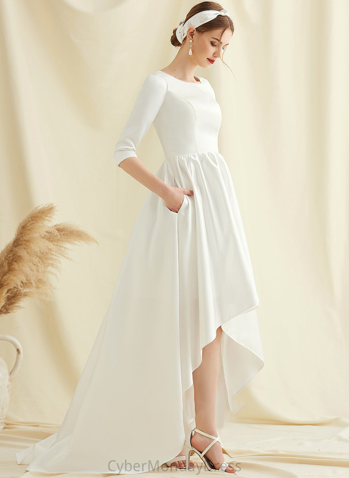 Asymmetrical Dress Pockets Scoop Kailee Neck Wedding With A-Line Satin Wedding Dresses