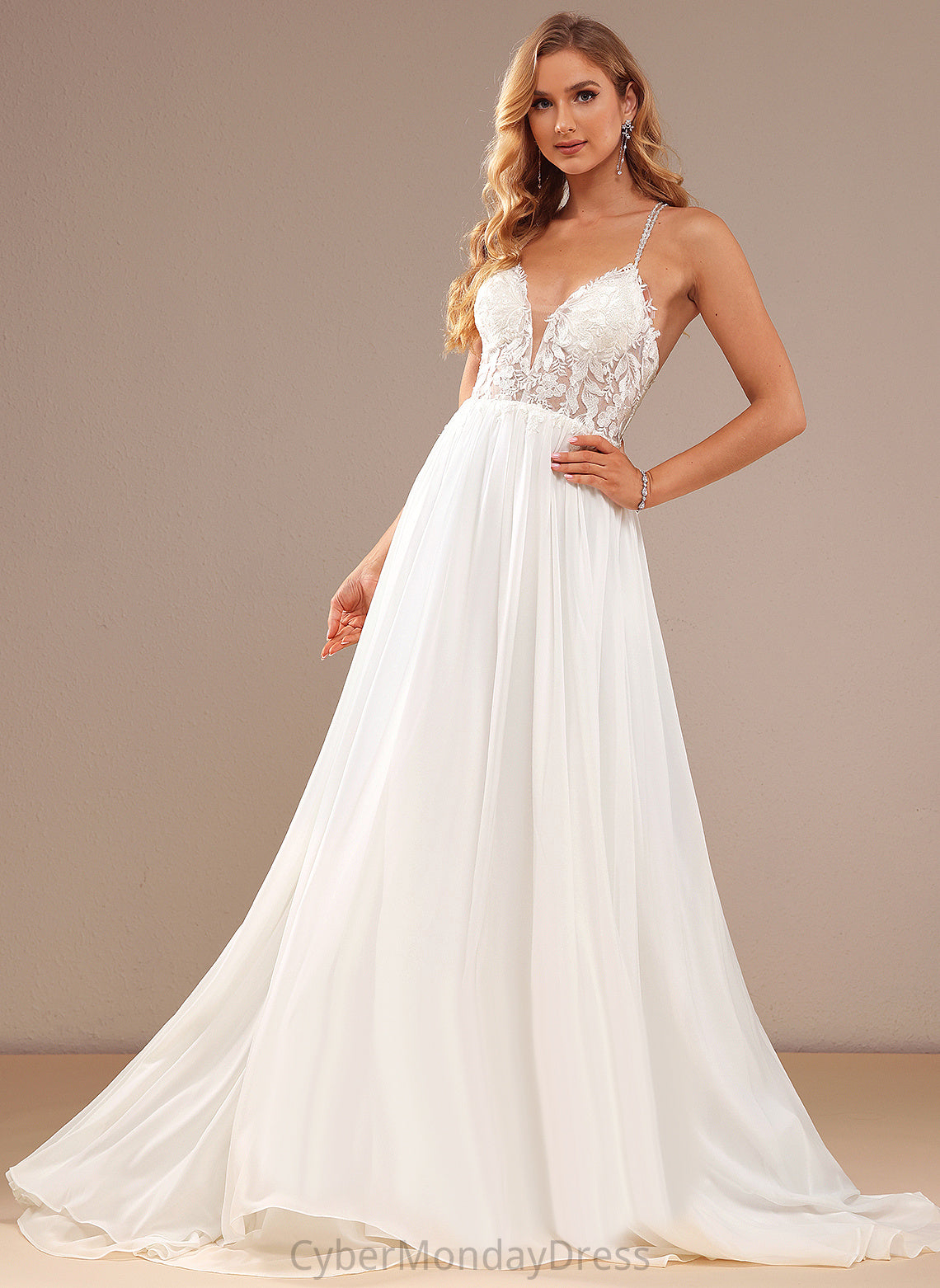 Chiffon Beading A-Line Sequins Lace Train V-neck Sweep Wedding Dresses With Aryana Dress Wedding