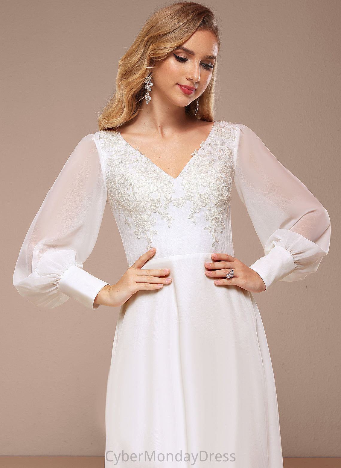 Floor-Length Wedding Dresses Lace Dress Chiffon Wedding A-Line V-neck Makenzie Sequins With