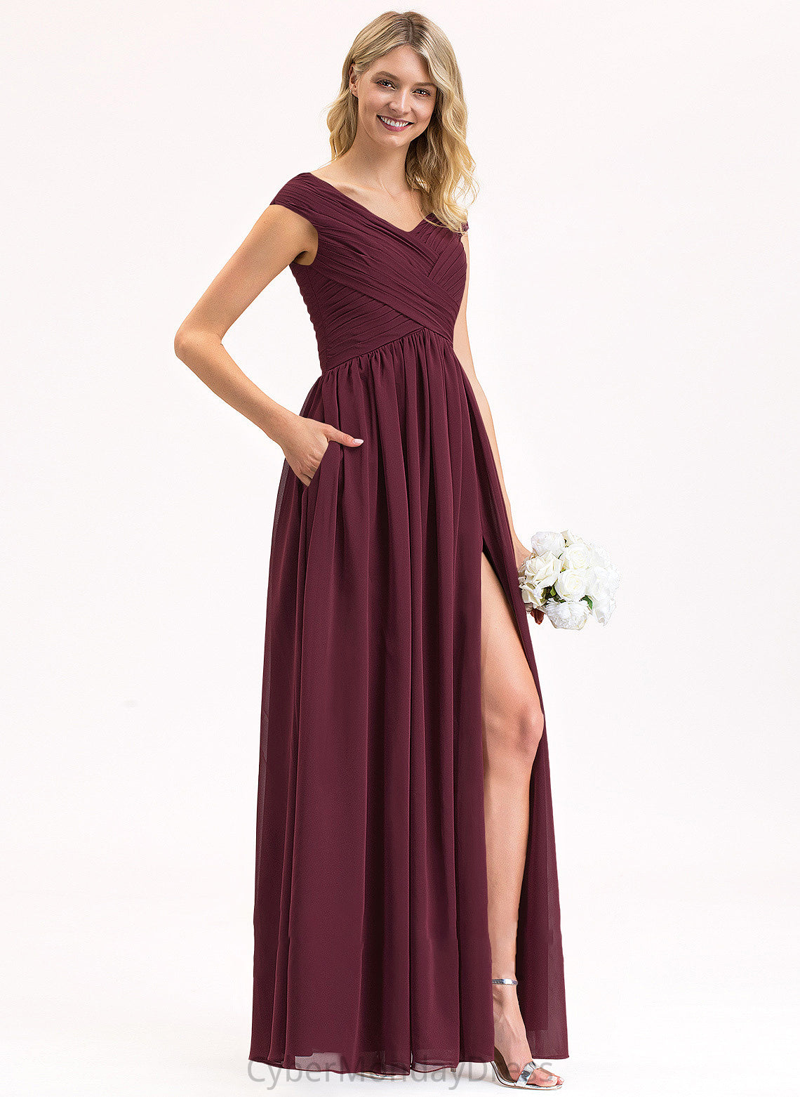 Neckline Fabric Ruffle SplitFront A-Line Off-the-Shoulder Embellishment Floor-Length Pockets Length Silhouette Jasmin Bridesmaid Dresses