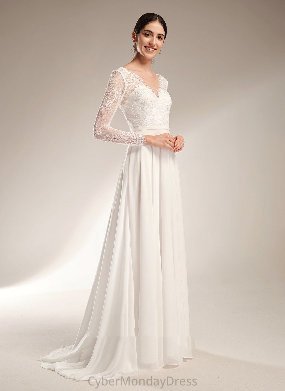 Luciana Lace V-neck Wedding Dresses Dress Sweep Train Wedding A-Line Chiffon