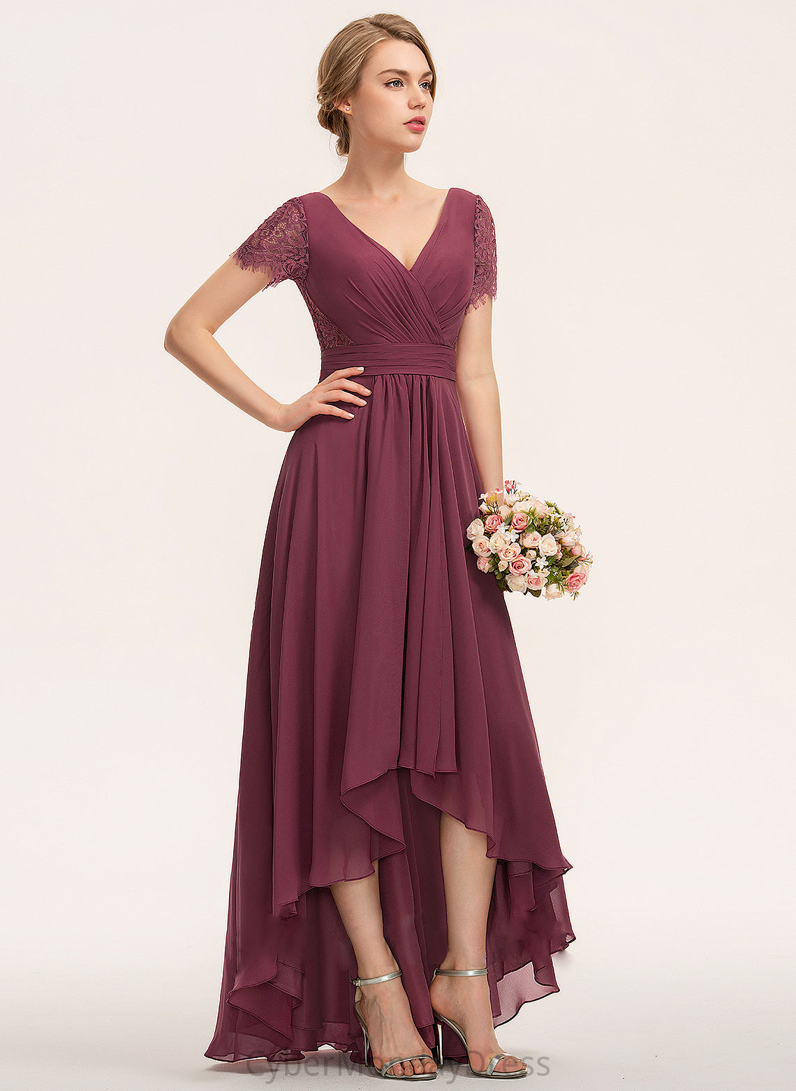 Length Silhouette A-Line Fabric Embellishment V-neck Ruffle Neckline Asymmetrical Juliette Bridesmaid Dresses