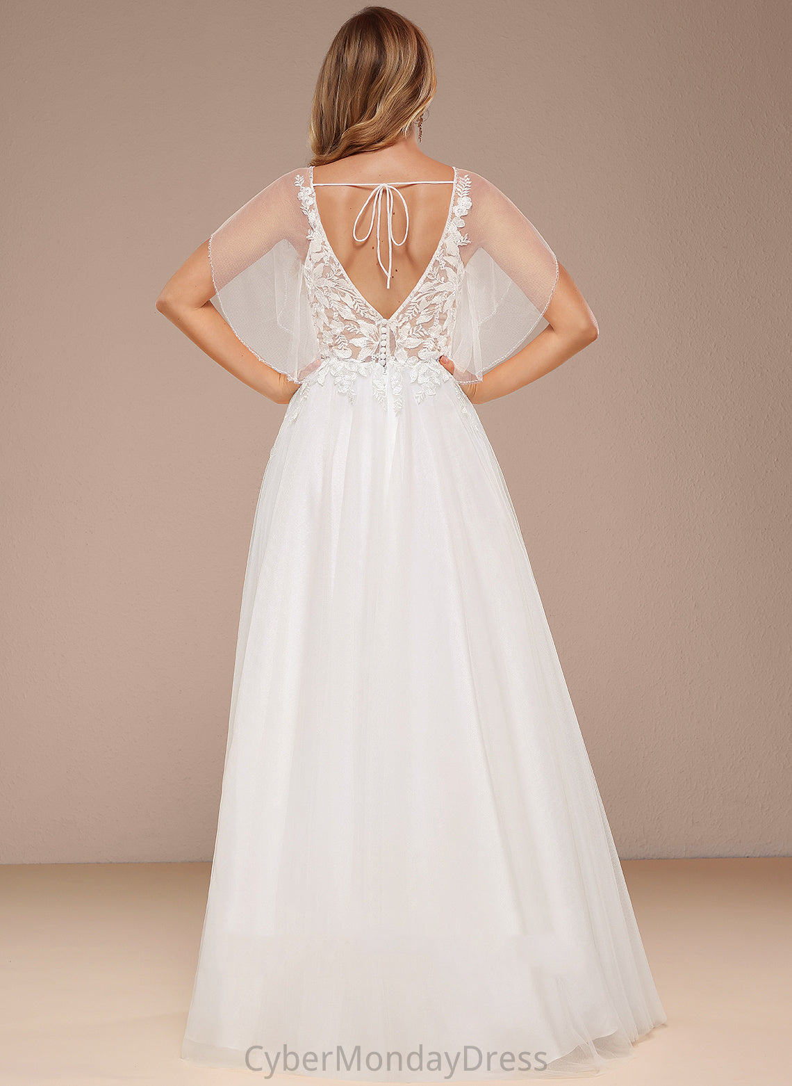 Wedding Dresses Floor-Length Laney Tulle Dress With V-neck Lace Sequins A-Line Wedding Ruffle