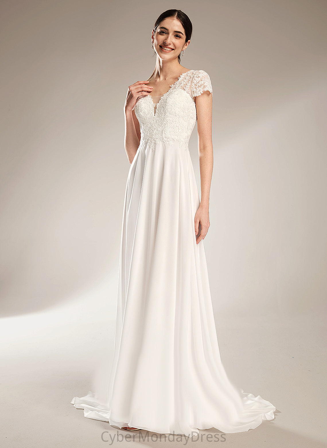 Chiffon Wedding Wedding Dresses A-Line Dress Bow(s) Court Lace Pru Train V-neck With