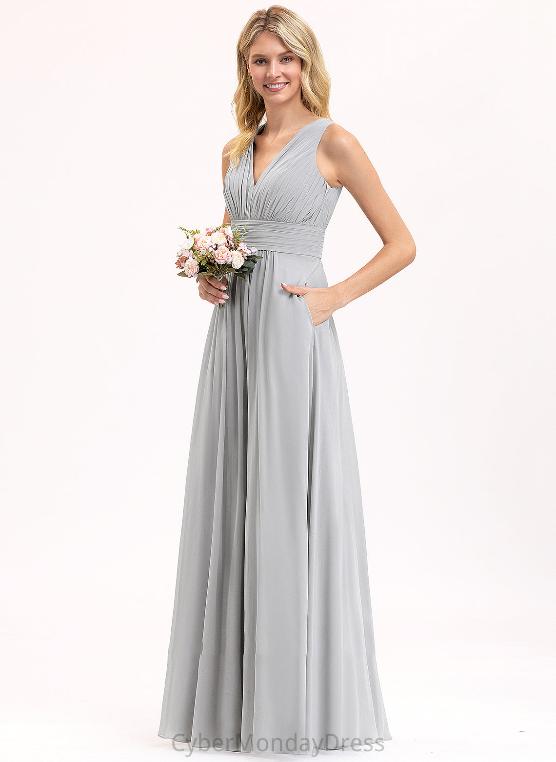 Bow(s) Floor-Length Pockets Length Fabric V-neck Embellishment Silhouette Neckline Ruffle A-Line Xiomara Bridesmaid Dresses