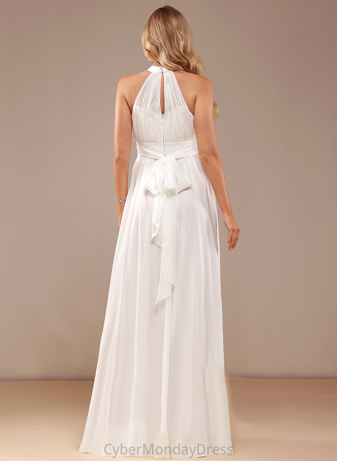 A-Line Wedding Chiffon Neck Dress Ruffle Floor-Length With Wedding Dresses High Lilia