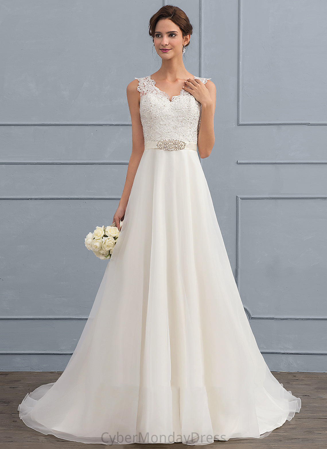 Danica Dress Beading Train Wedding Dresses Wedding Organza With V-neck Lace Sweep Bow(s) A-Line