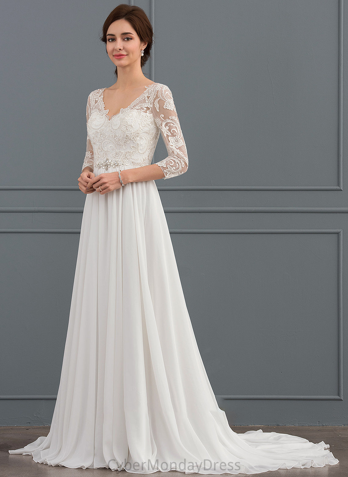 Lace Mikaela Sequins With Sweep Train Dress Chiffon Wedding Dresses Beading A-Line Wedding V-neck