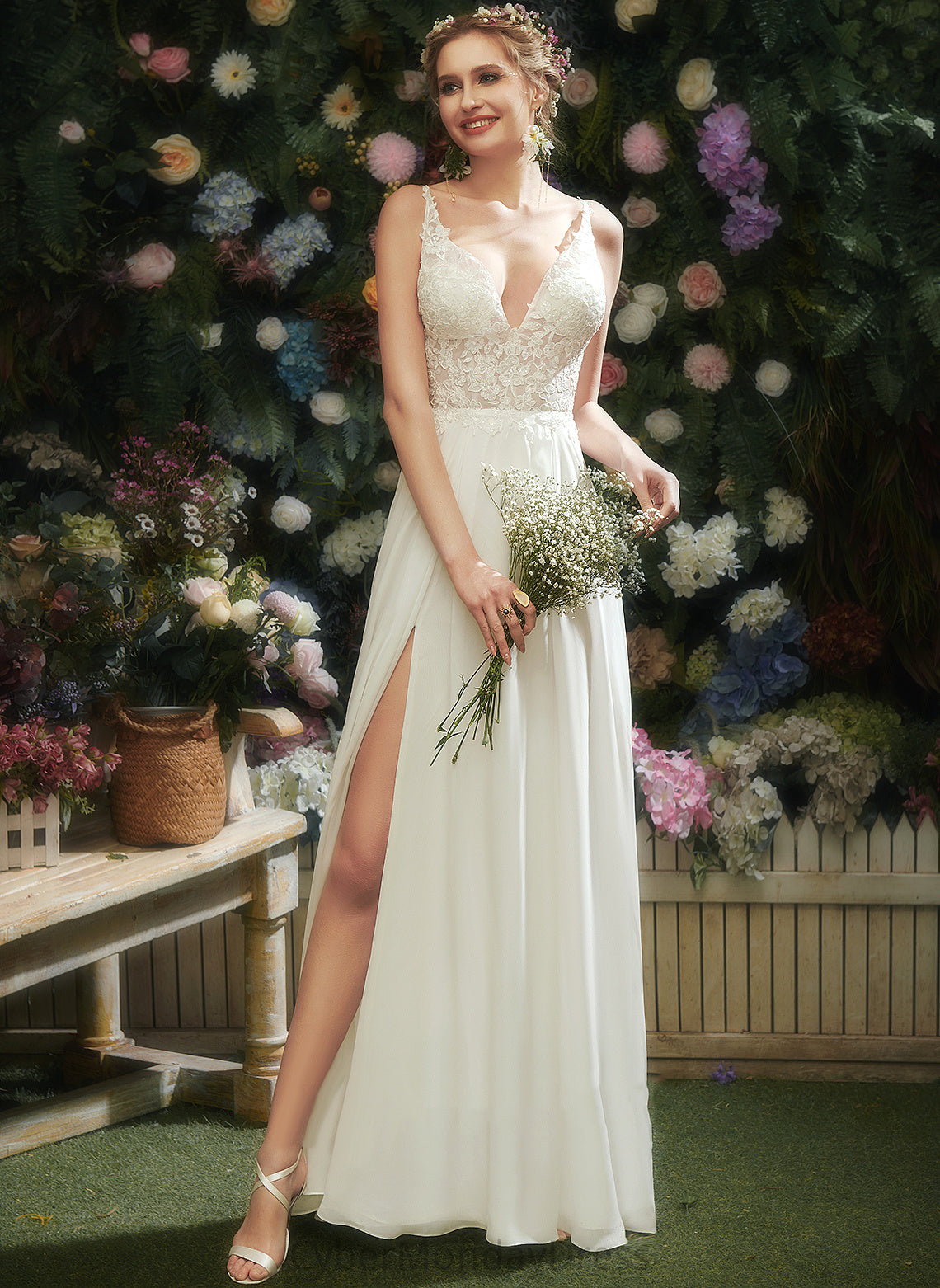 Wedding Dresses A-Line Lace Liana Chiffon Wedding Floor-Length Dress V-neck