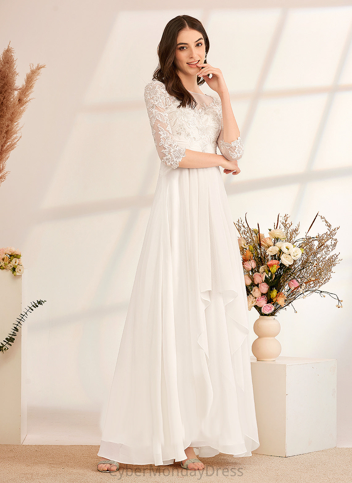 Wedding Wedding Dresses Ruffle Illusion A-Line Dress Chiffon Norah With Lace Floor-Length Beading