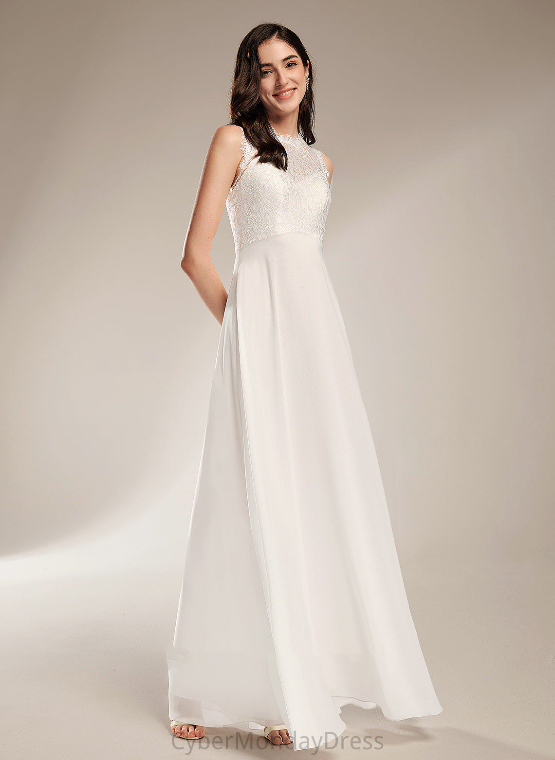 With A-Line Dress Wedding Dresses Floor-Length Neck Scoop Lace Wedding Lauryn