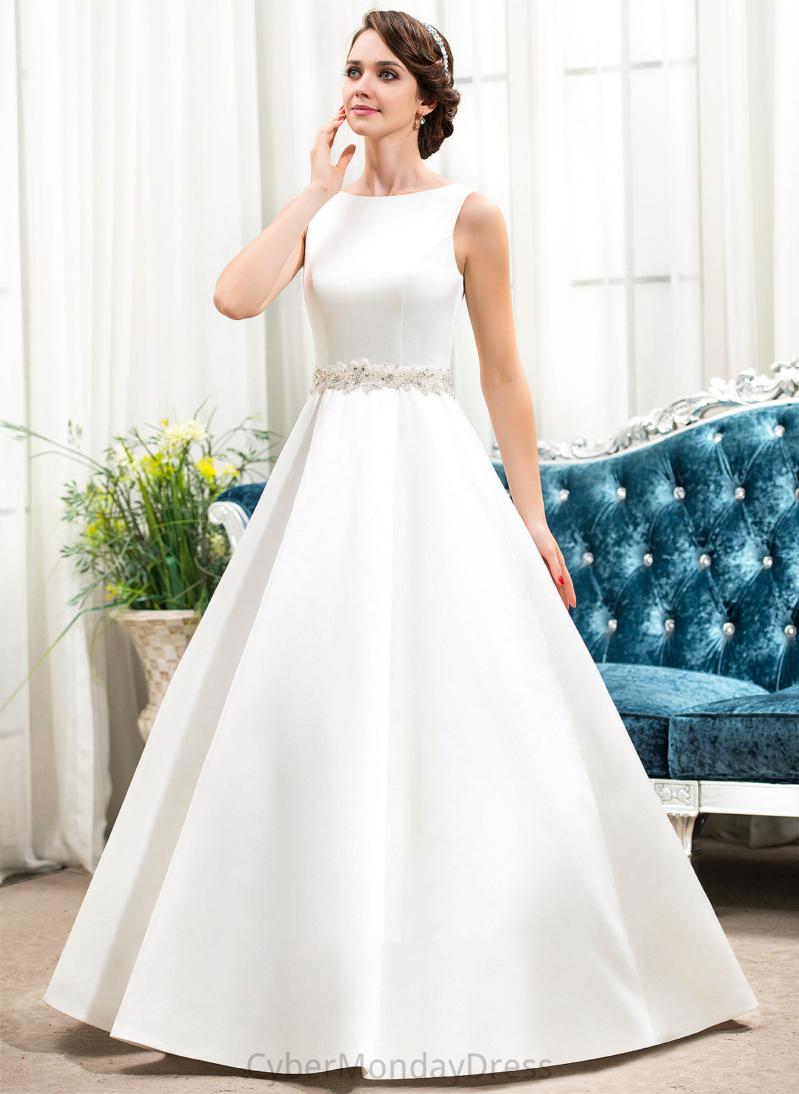 Sequins With Ball-Gown/Princess Floor-Length Wedding Dresses Neck Scoop Dress Wedding Satin Beading Millicent