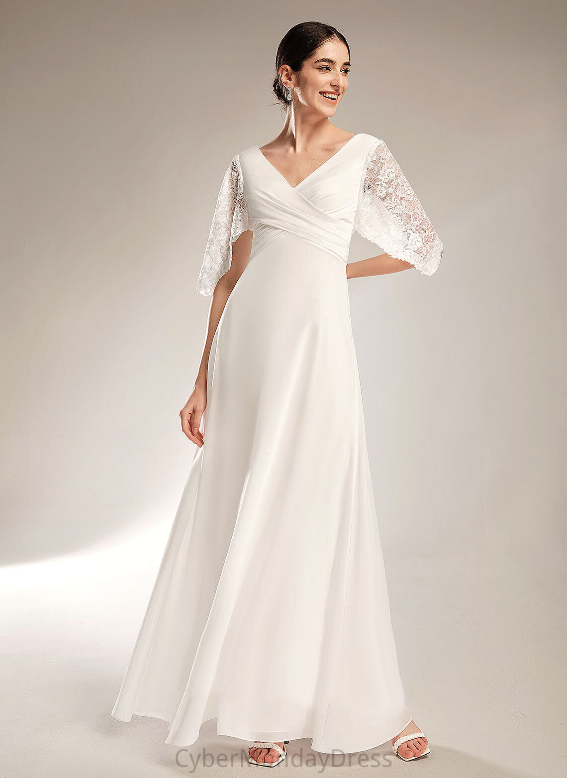 Dress Sheath/Column Chiffon Lace Sylvia With Wedding Wedding Dresses Floor-Length V-neck