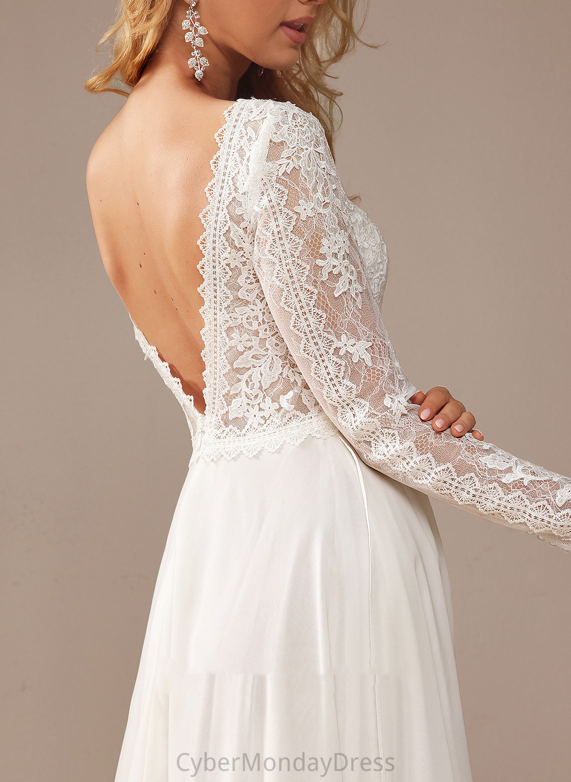 Aleah A-Line Train Dress Ruffle Wedding Dresses Lace Lace With Chiffon V-neck Wedding Court