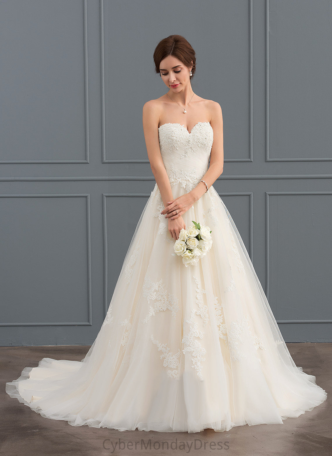 Sweetheart Tulle Janiya Train Dress Ball-Gown/Princess Lace Court Beading Ruffle With Wedding Wedding Dresses