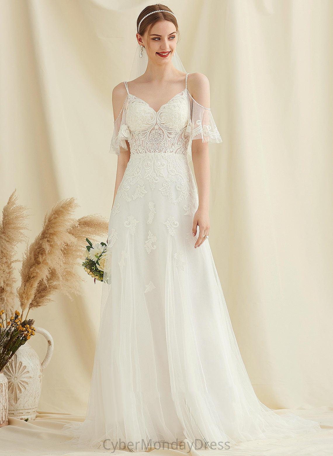 Lace Jacqueline With Wedding Dresses Tulle V-neck A-Line Sweep Dress Wedding Beading Train