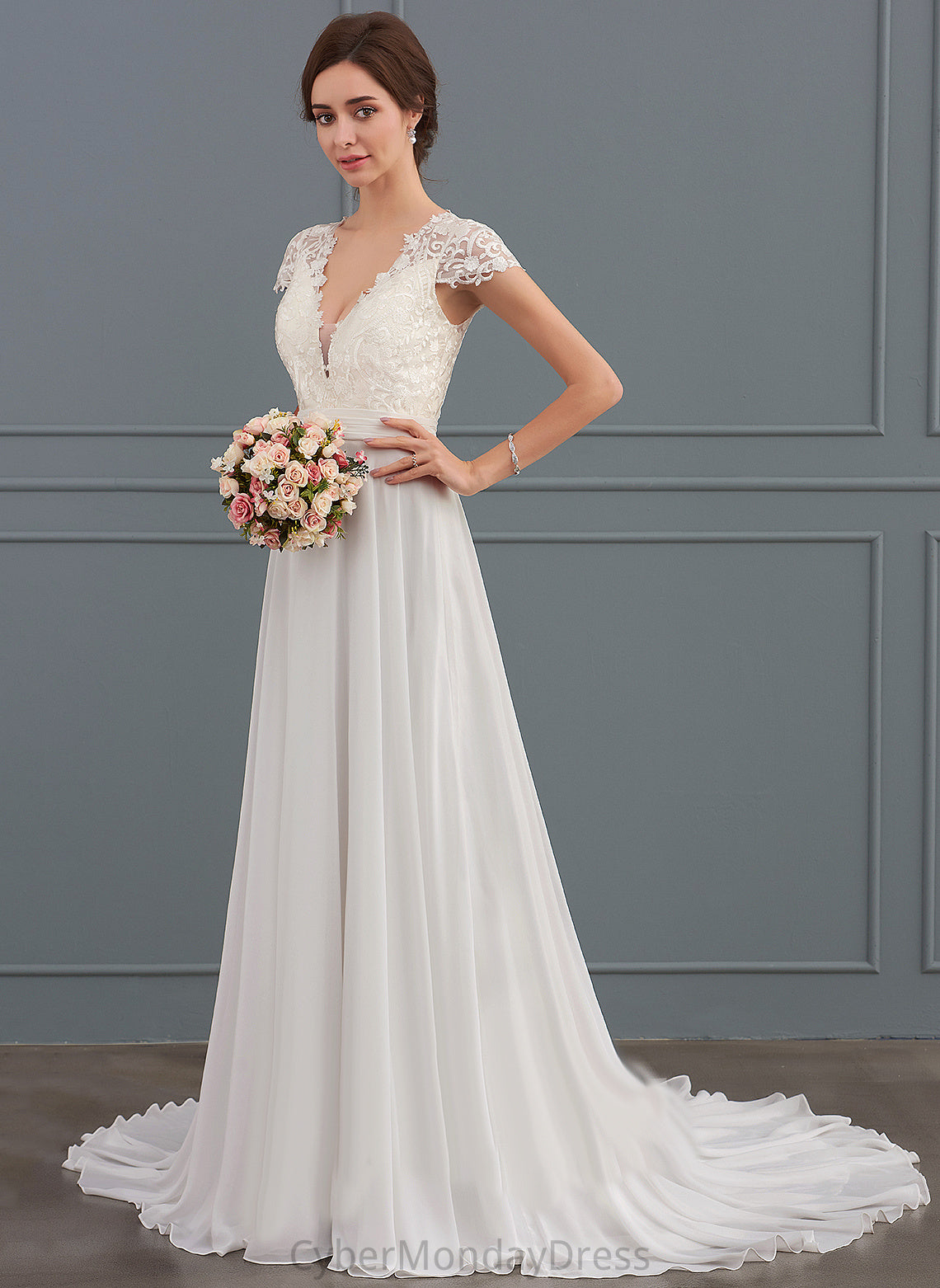 Dress A-Line With V-neck Lace Wedding Dresses Ruffle Mimi Sweep Train Wedding Chiffon