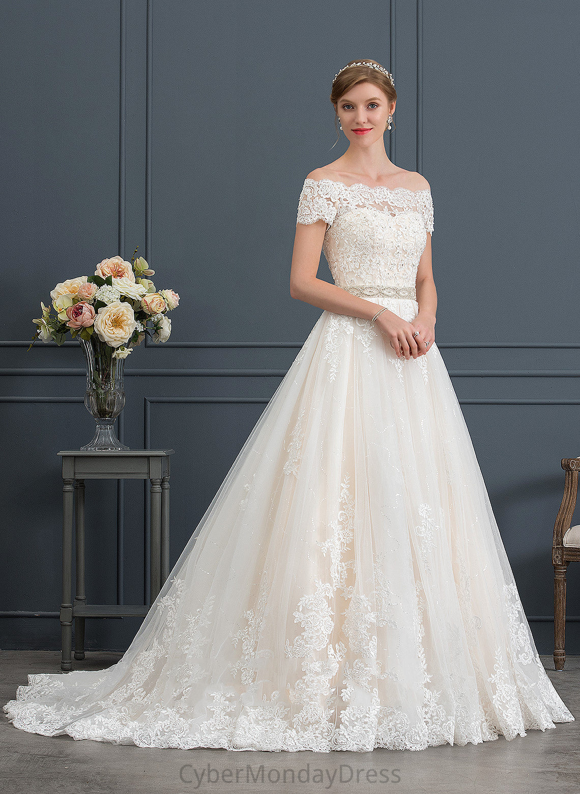 Train Court Wedding Tulle With Gwendoline Beading Sequins Wedding Dresses Dress Off-the-Shoulder Lace Ball-Gown/Princess