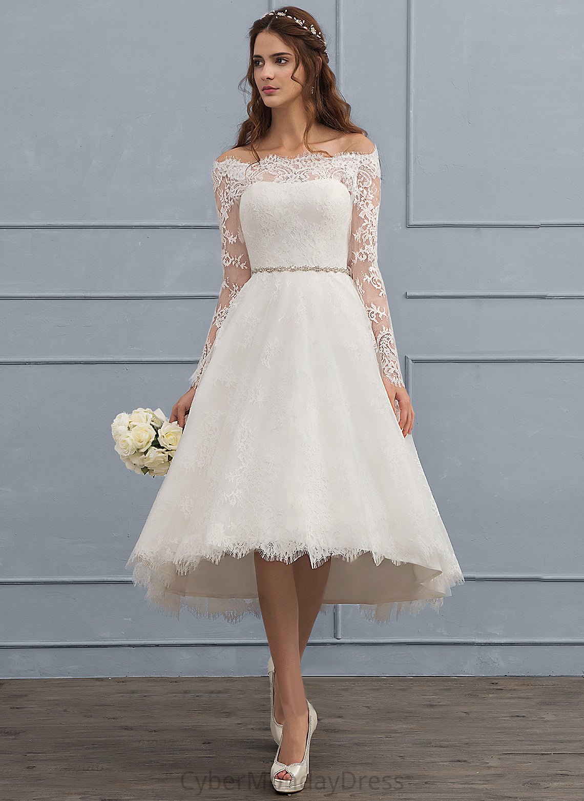 Wedding Corinne With Off-the-Shoulder Asymmetrical Beading Dress Wedding Dresses A-Line Lace