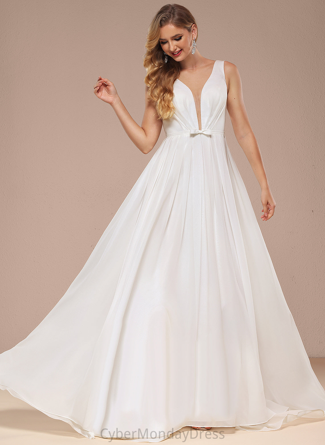 A-Line Sweep With Dress Train V-neck Chiffon Hope Wedding Dresses Wedding Bow(s)