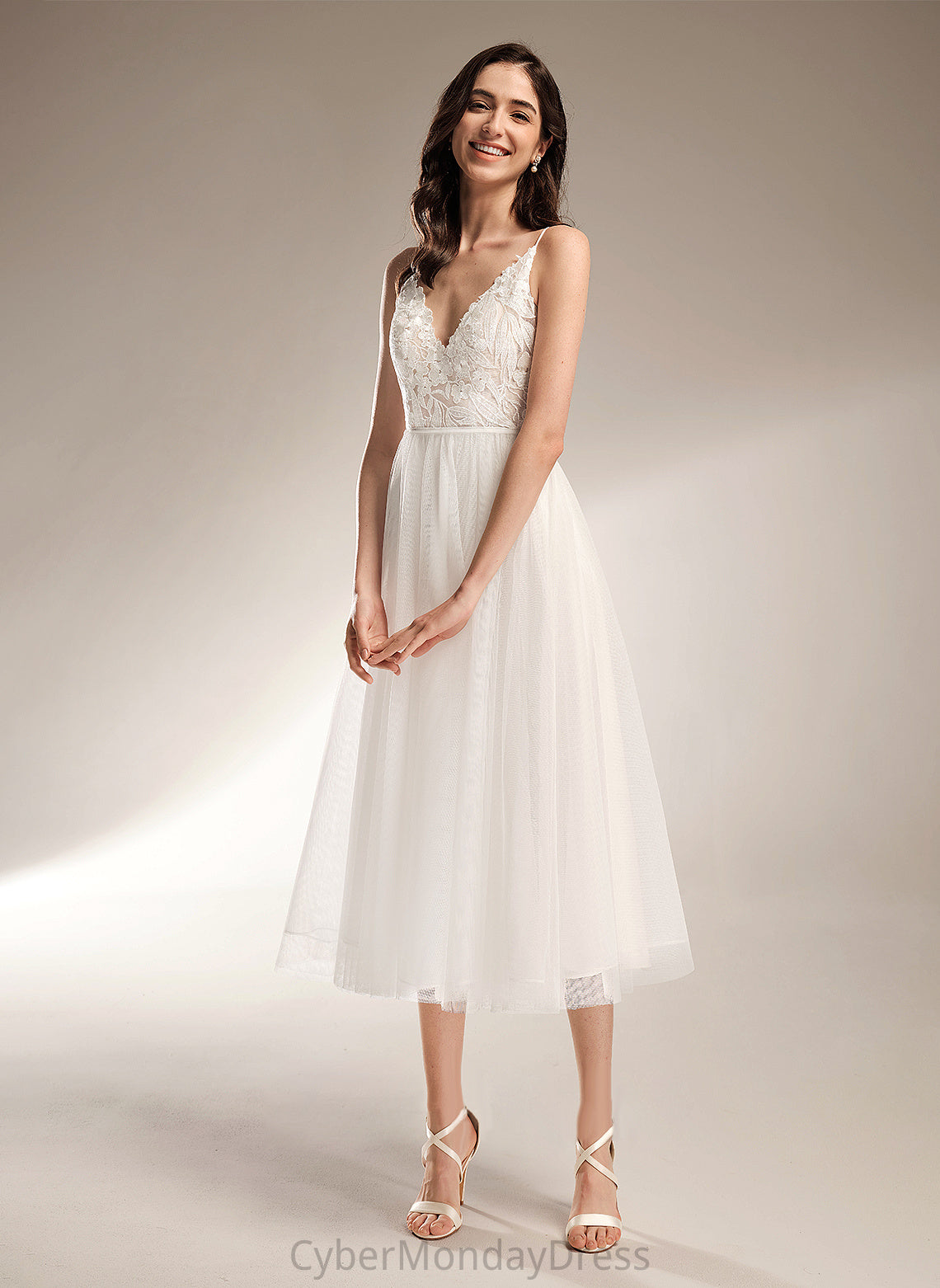 Tea-Length Tulle Lace A-Line Lena Dress Wedding V-neck Wedding Dresses