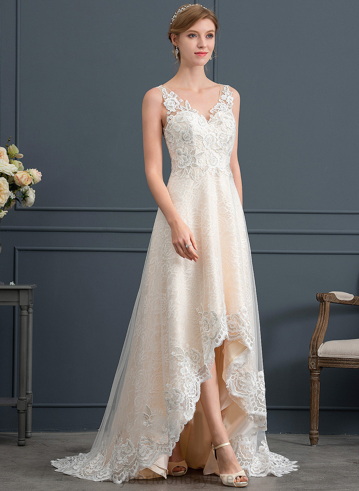 V-neck Asymmetrical Dress With Wedding A-Line Wedding Dresses Eve Lace Tulle