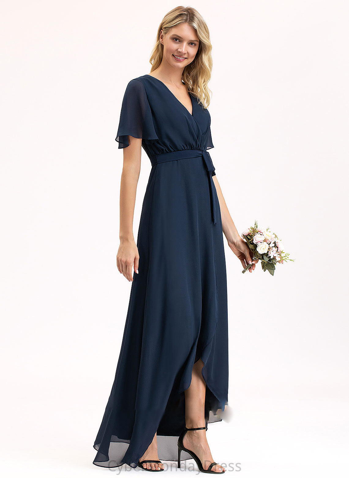 Bow(s) Length V-neck Embellishment Neckline Silhouette A-Line Fabric Asymmetrical Sonia Spaghetti Staps Natural Waist Bridesmaid Dresses