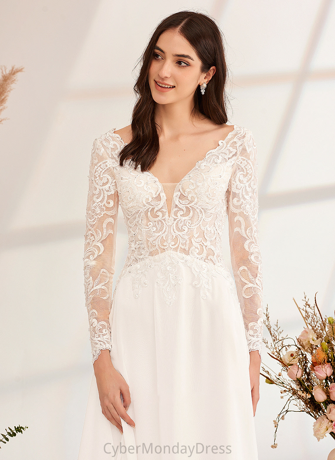 With Train Beading Aspen V-neck Sweep Dress A-Line Wedding Dresses Wedding