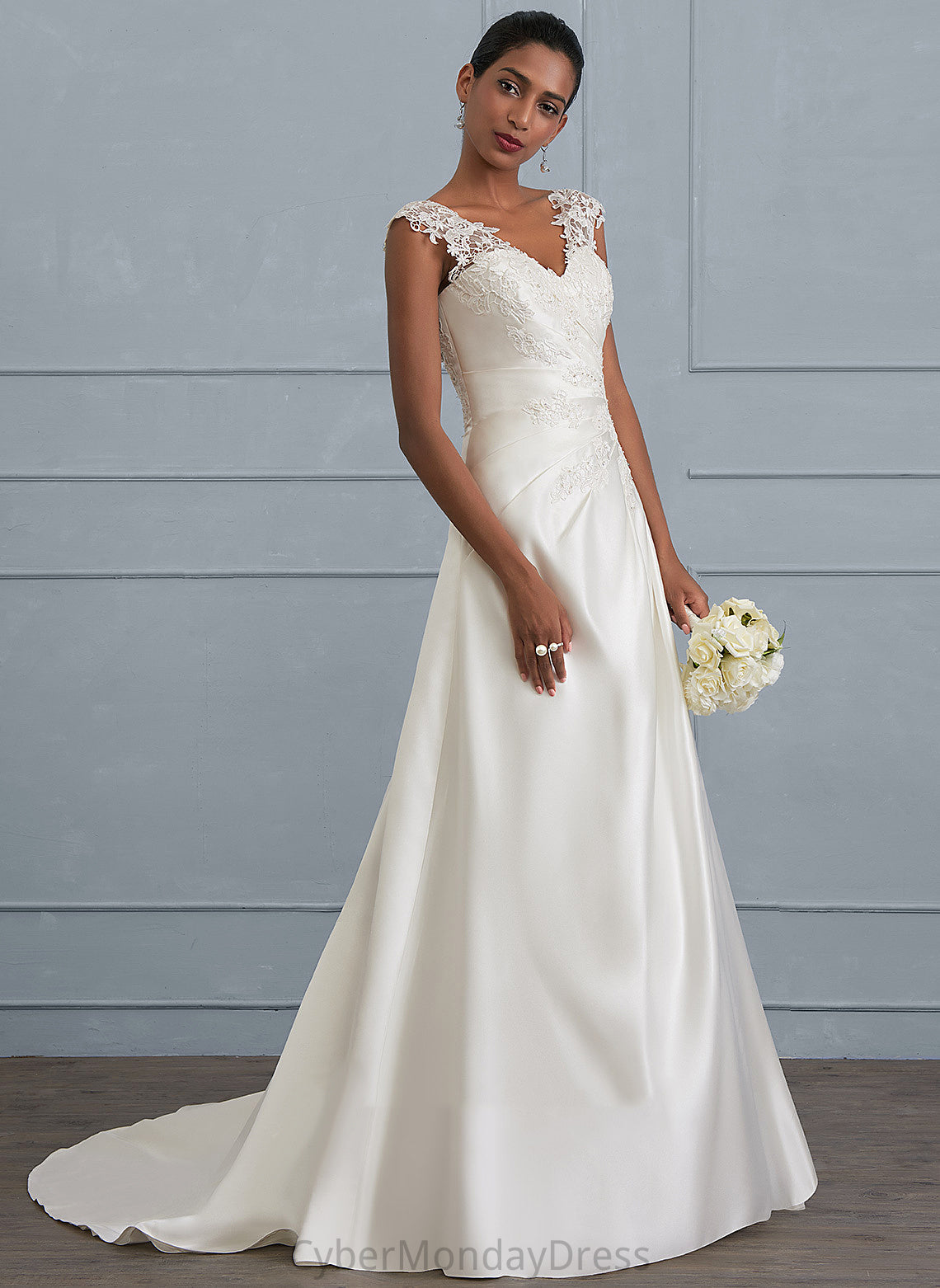 Ball-Gown/Princess Lace Wedding Wedding Dresses V-neck Ruffle Satin Sweep Dress Beading Kayleigh With Sequins Train