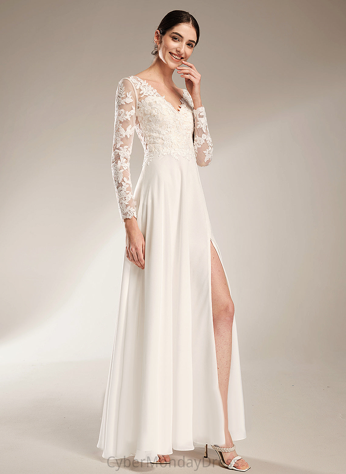 Wedding Dresses Wedding V-neck Floor-Length Thirza Lace A-Line Chiffon Dress