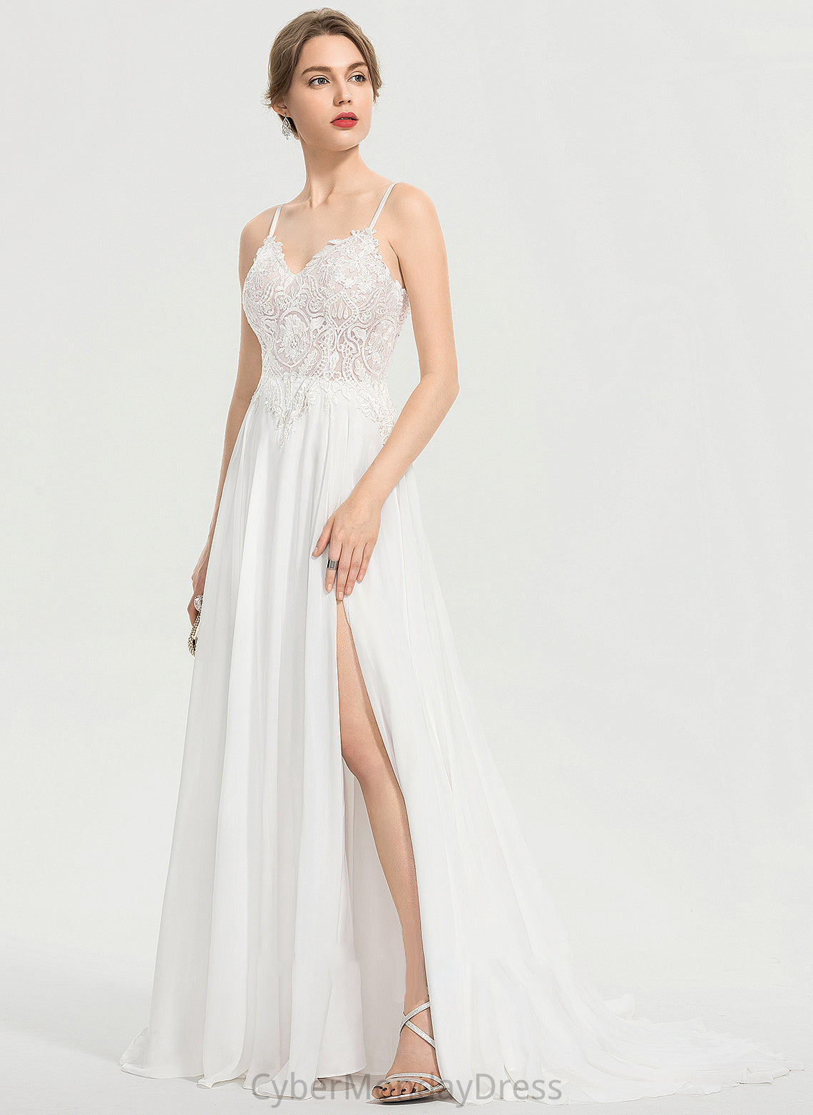 A-Line Chiffon Sweep Wedding Split V-neck With Dress Aimee Front Wedding Dresses Train