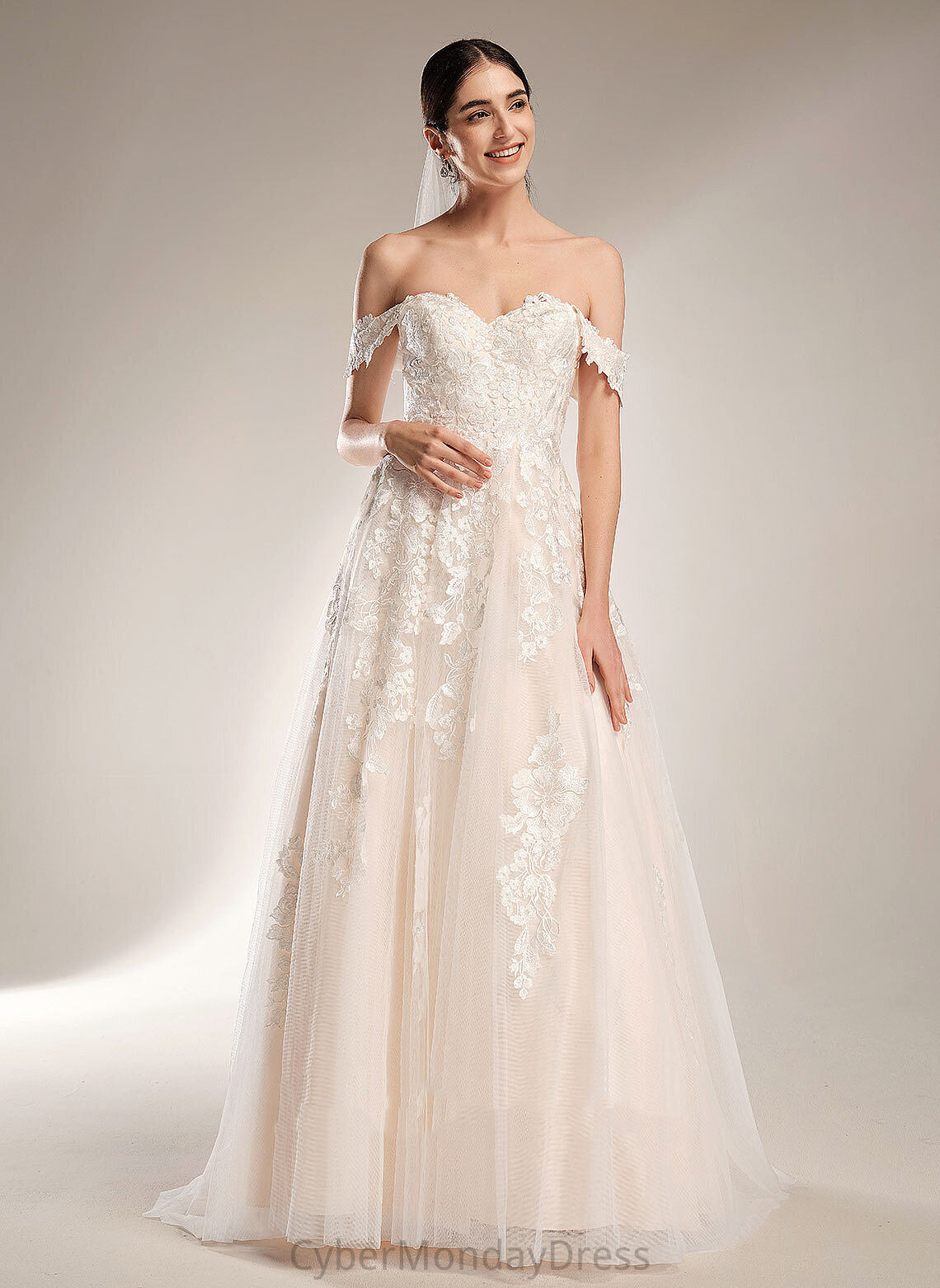 Lace Chapel Ball-Gown/Princess Off-the-Shoulder Wedding Wedding Dresses Ainsley Train Dress Tulle